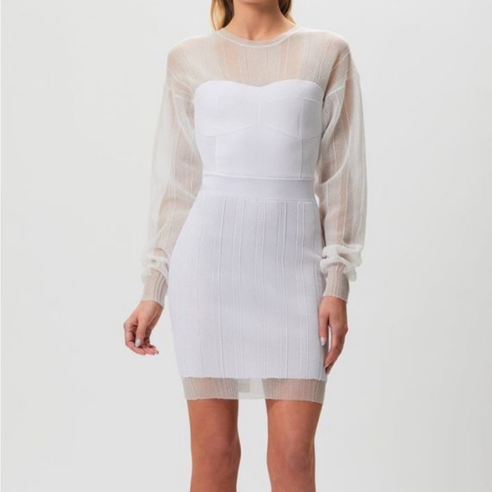 Herve Leger White Sheer Sleeve Bandage Mini Dress
